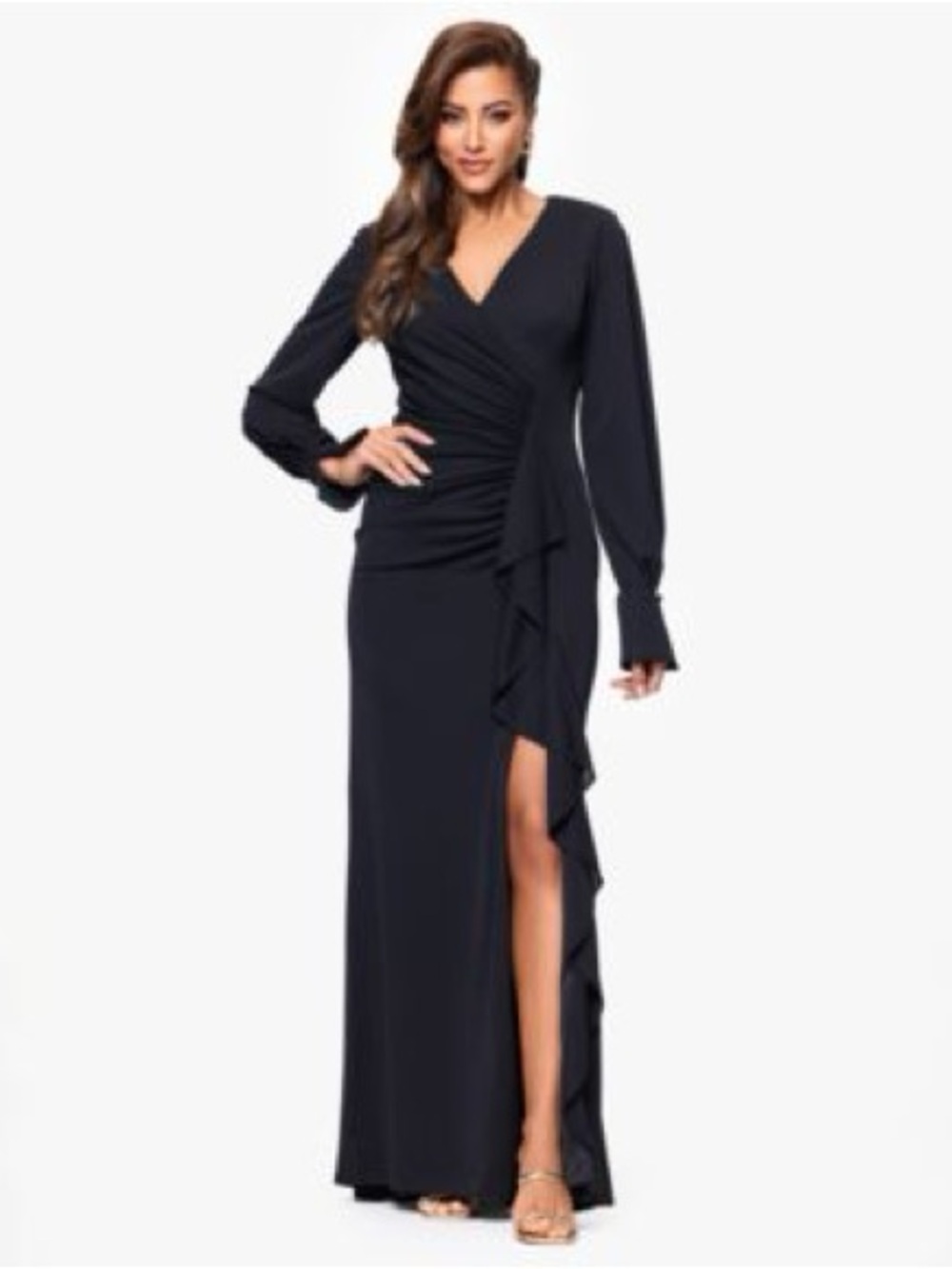 XSCAPE Black Wrap Ruffle Long Sleeve Evening Gown NWT
